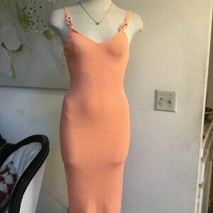 GUESS Ribbed Sleeveless Knee Midi Dress V-Neck Pencil Bodycom Casual Coral S